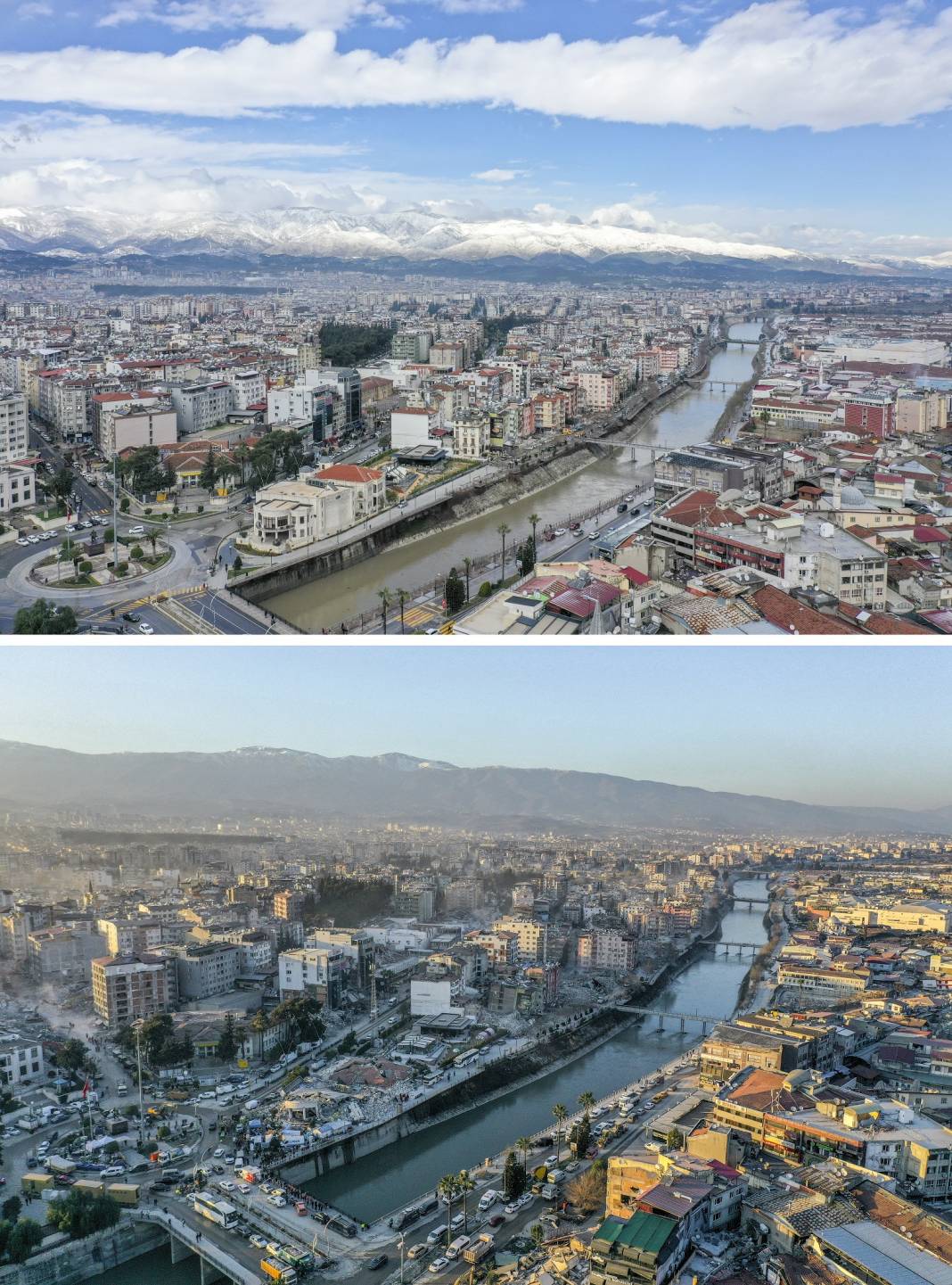 Deprem öncesi ve sonrası fotoğraflar, yıkımın boyutunu gösteriyor 7