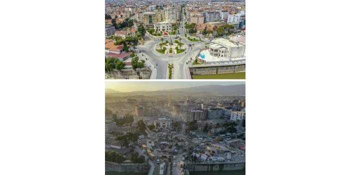 Deprem öncesi ve sonrası fotoğraflar, yıkımın boyutunu gösteriyor
