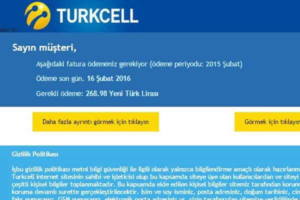 Turkcell görünümlü fatura tuzağı