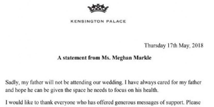 Kensington Sarayı doğruladı: “Meghan Markle’ın babası düğüne katılmayacak”