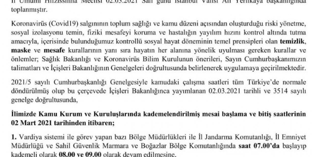 İstanbul Valiliği’nden mesai saati düzenlemesi