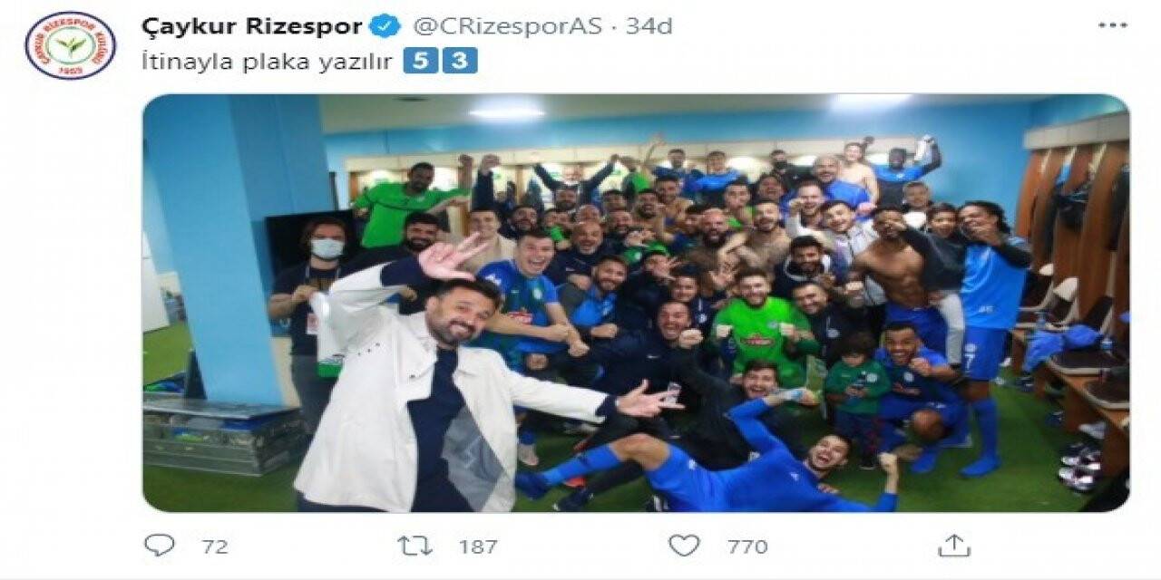 Çaykur Rizespor galibiyet pozunu ’İtinayla plaka yazılır: 53’ diyerek paylaştı