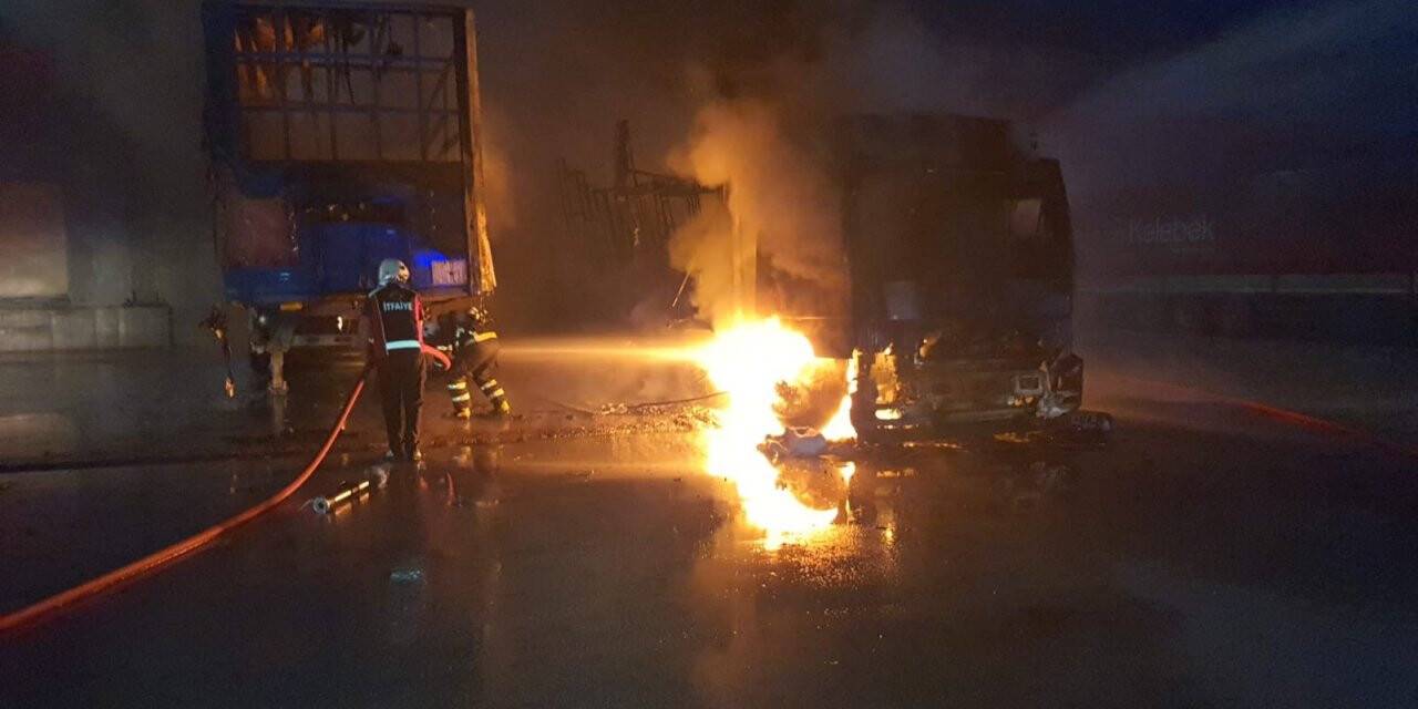 Mobilya fabrikasında tır ve dorseler alevlere teslim oldu