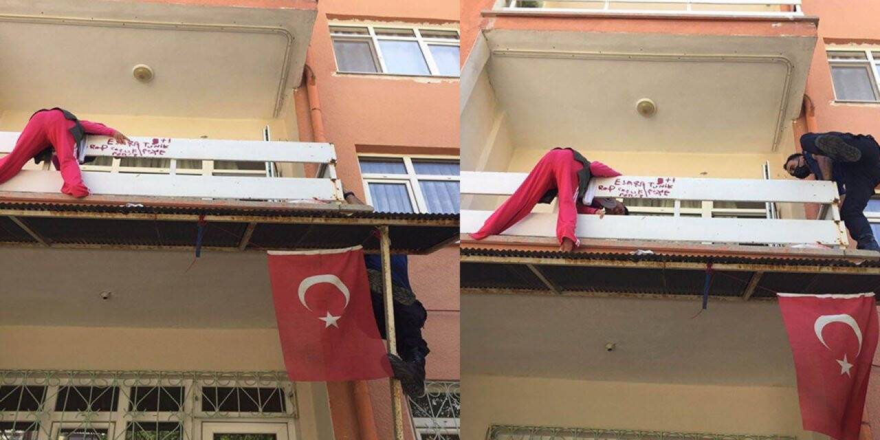 Konya'da balkondan düşmek üzere olan engelli genci polis kurtardı