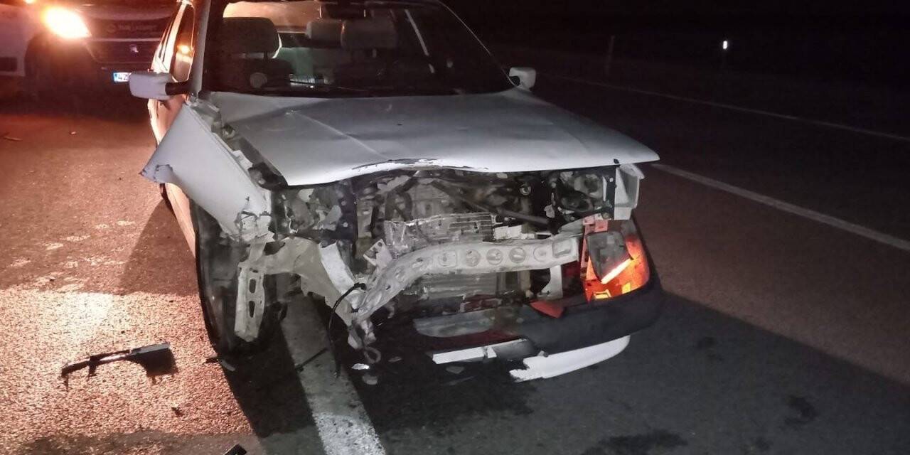 Karayoluna çıkan domuza çarpan otomobil hurdaya döndü