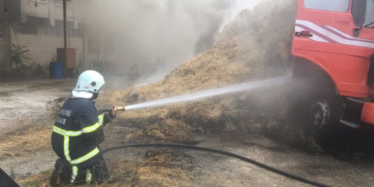 Park halindeki kamyonun kasasındaki samanlar yandı