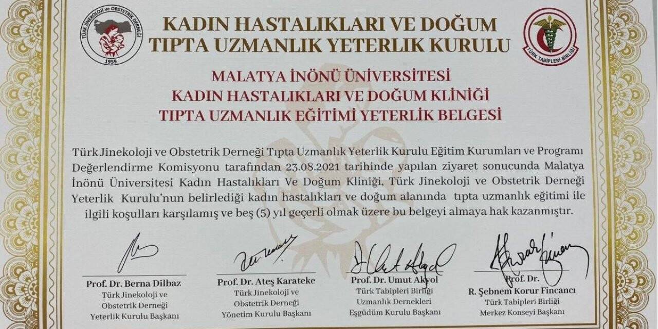 İnönü Kadın Hastalıkları ve Doğum Kliniği’ne yeterlilik belgesi