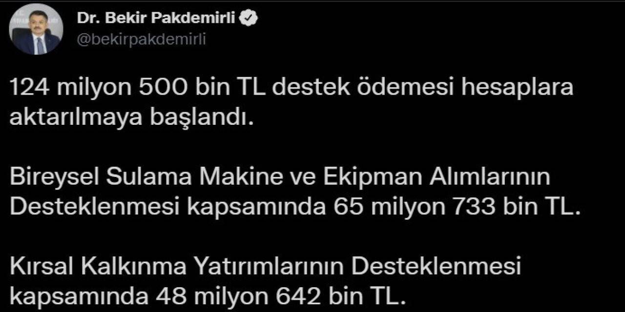 Bakan Pakdemirli: "124 milyon liralık destek ödemesi hesaplara aktarılmaya başlandı"