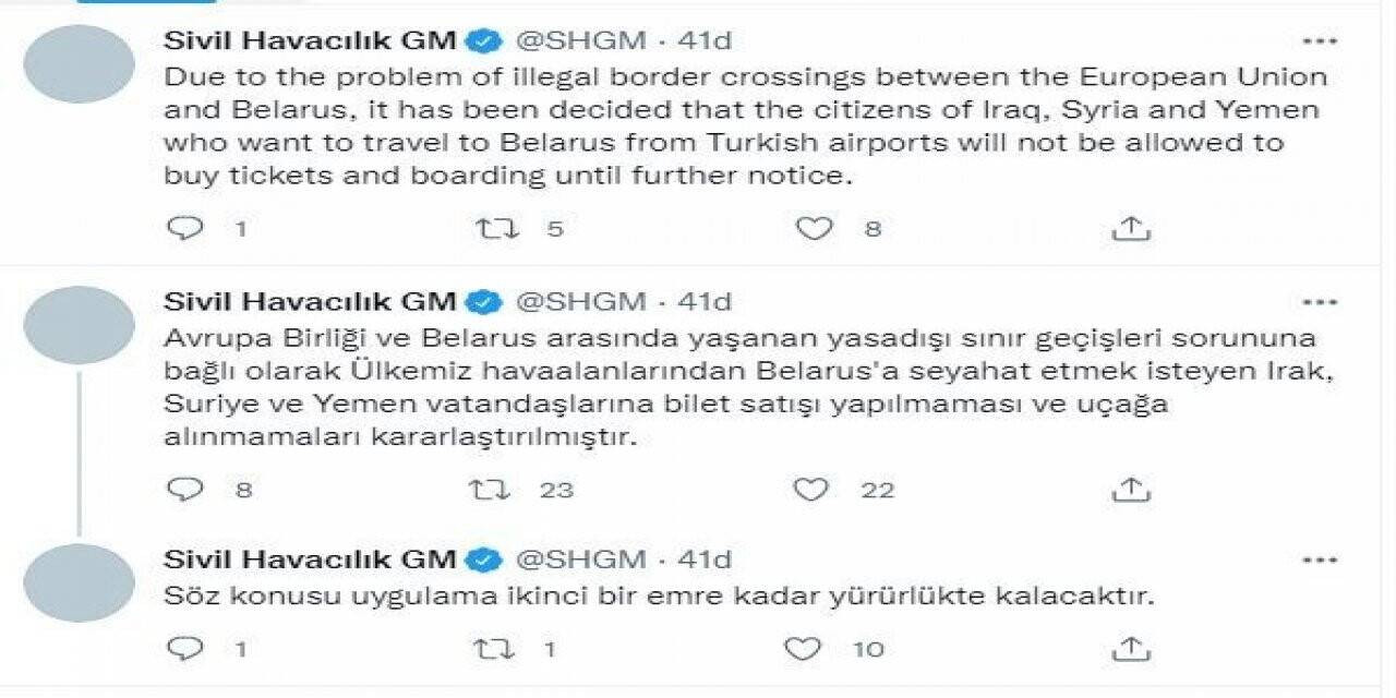 SHGM’den Belarus uçuşlarına ilişkin açıklama