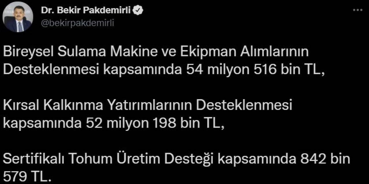Bakan Pakdemirli: “107 milyon 557 bin liralık destek ödemesi hesaplara aktarılmaya başlandı”
