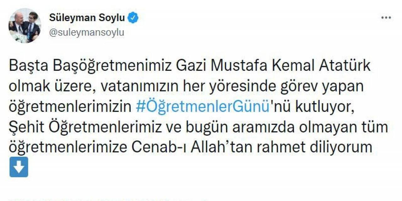 İçişleri Bakanı Soylu’dan Öğretmenler Günü mesajı