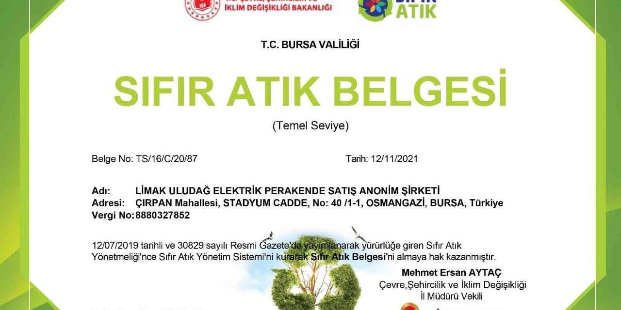 Limak Enerji Uludağ Elektrik, ‘Sıfır Atık Belgesi’ almaya hak kazandı