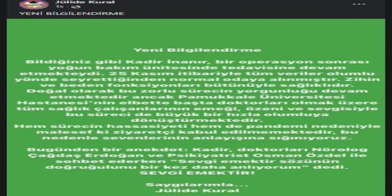 Yoğun bakımdan çıkan Kadir İnanır servise alındı