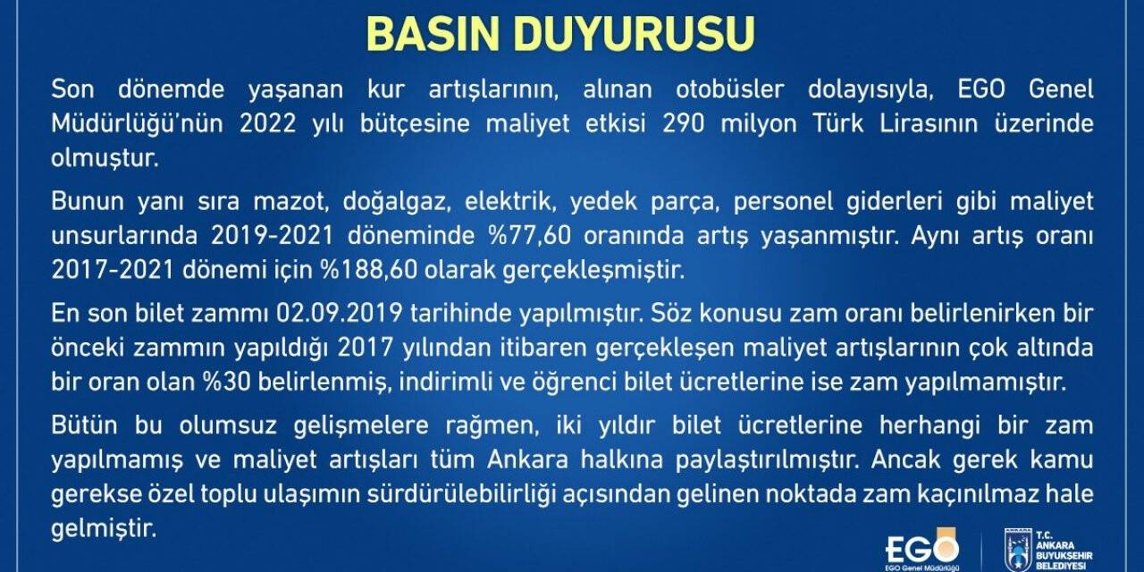 EGO’dan toplu taşıma biletlerine zam