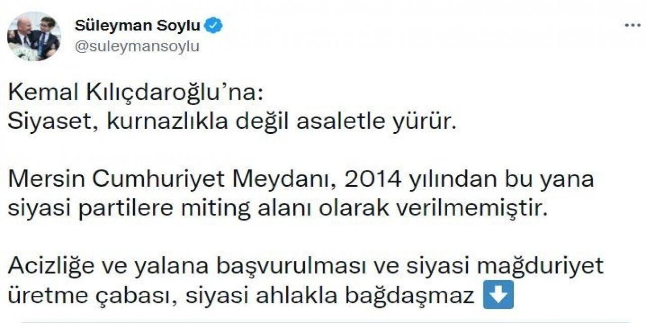 Bakan Soylu: “Mersin Cumhuriyet Meydanı, 2014 yılından bu yana siyasi partilere miting alanı olarak verilmemiştir”