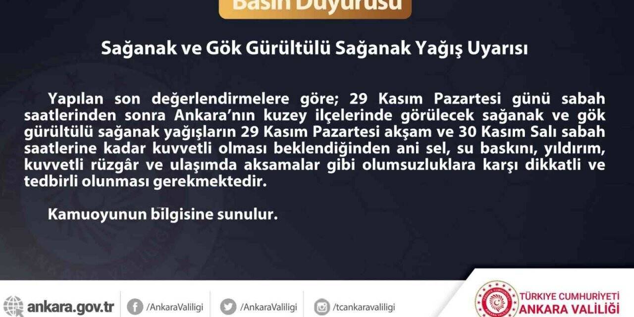 Ankara Valiliği’nden sağanak uyarısı