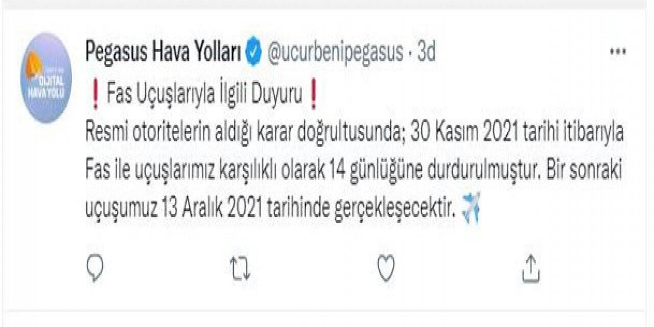 Pegasus, Fas uçuşlarını 14 gün süreyle durdurdu
