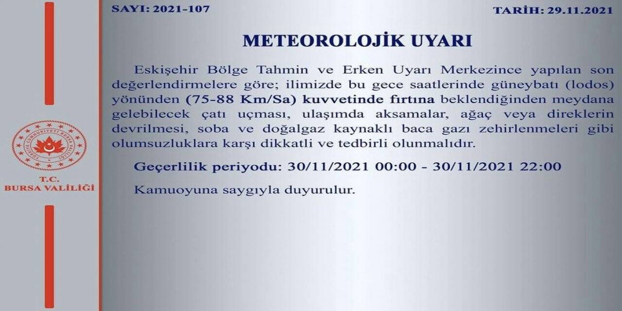 Bursa’da şiddetli lodos uyarısı