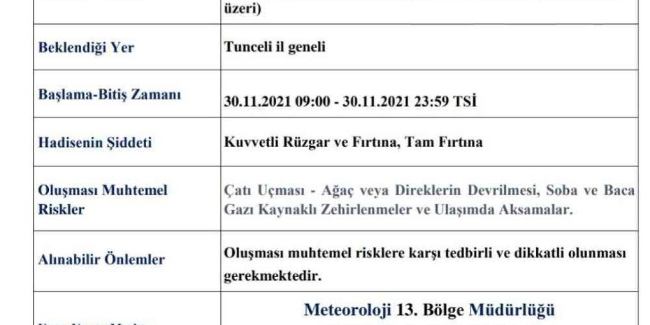 Tunceli’de fırtına uyarısı