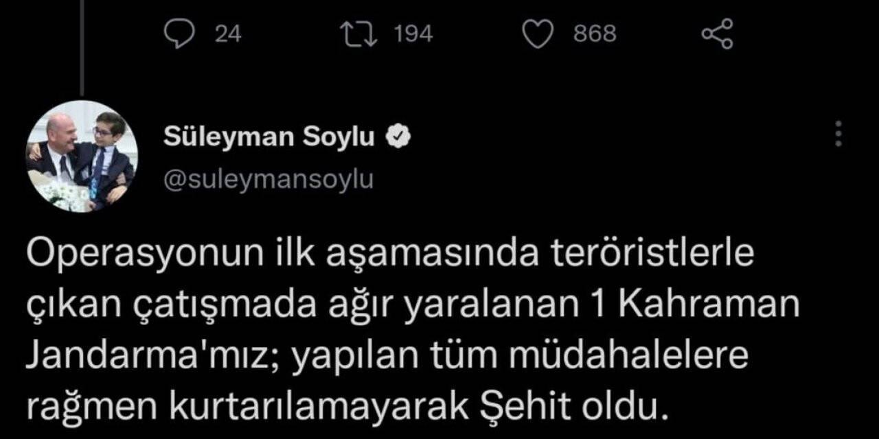 Bakan Soylu: “Ovacık kırsalında, bir mağaraya gerçekleştirilen operasyonda 1’i teslim, toplam 3 terörist etkisiz hale getirildi”