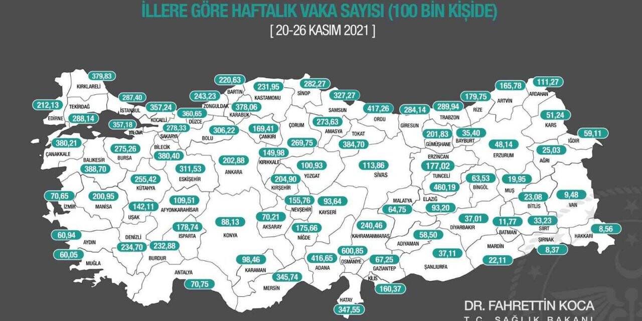 Bakan Koca bir haftalık Covid-19 insidans haritasını paylaştı
