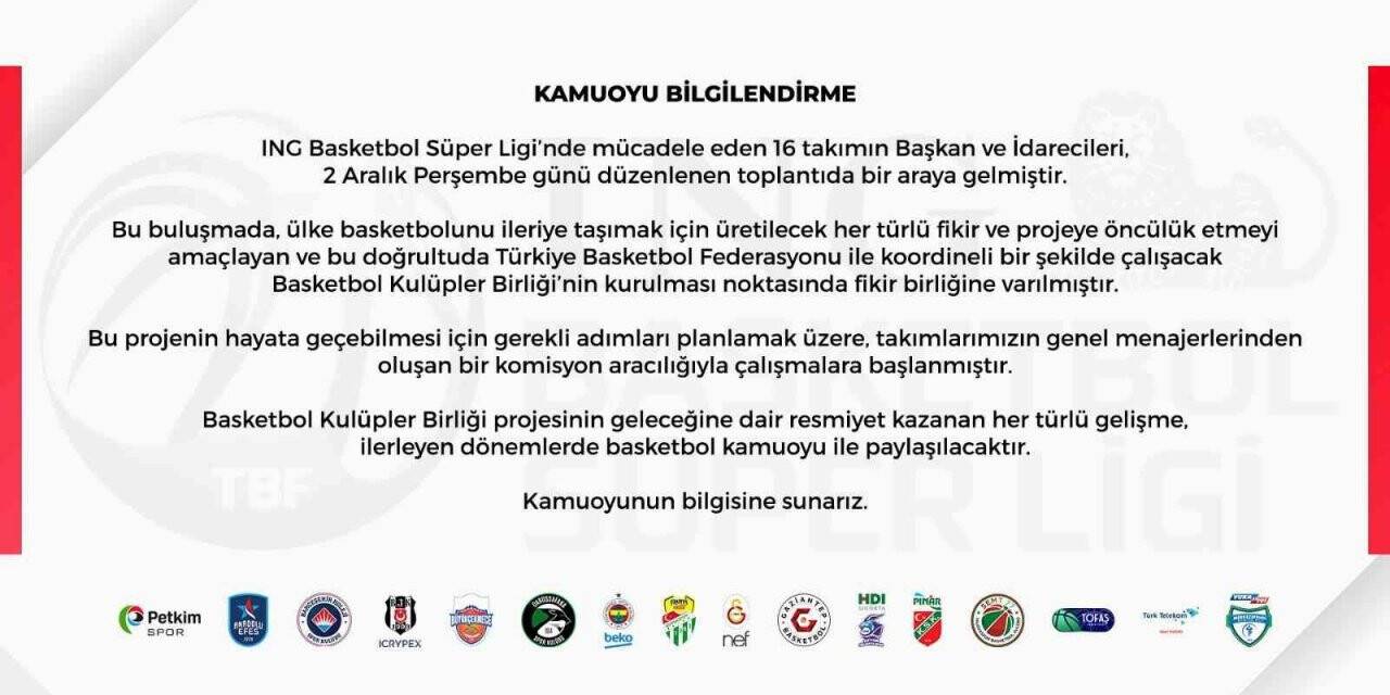Frutti Extra Bursaspor: “Basketbol Kulüpler Birliği’nin kurulması noktasında fikir birliğine varılmıştır”