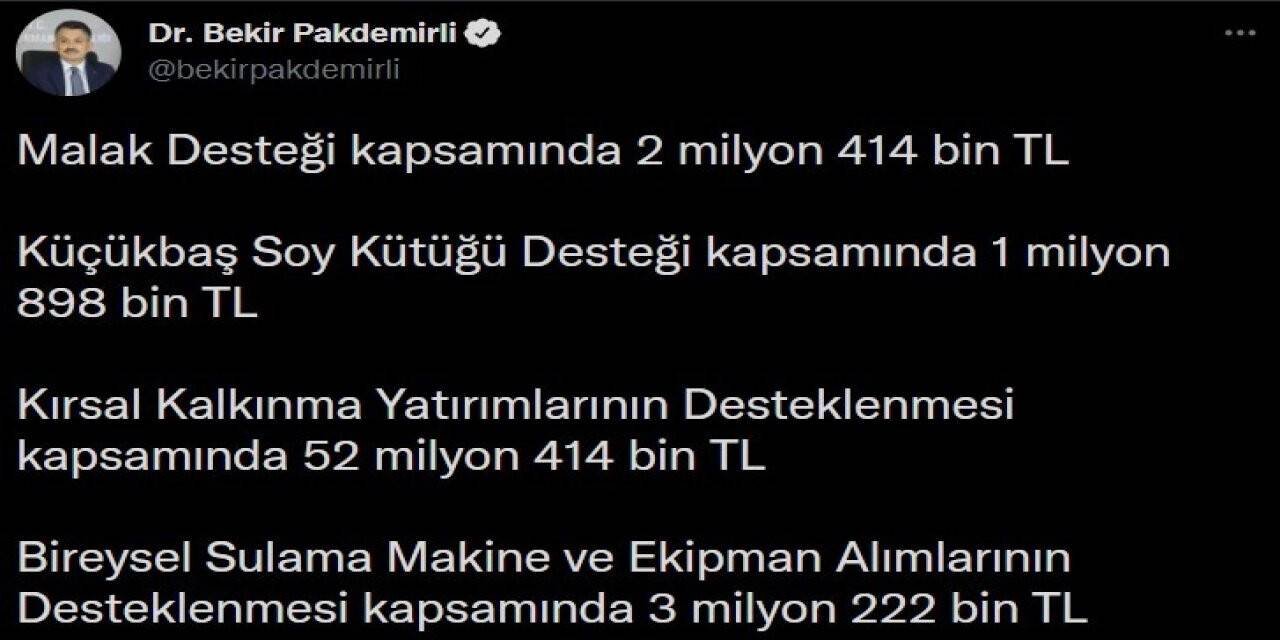 Bakan Pakdemirli, 5 farklı kalemde 486 milyon liralık desteğin 10 Aralık’ta yatırılacağını duyurdu