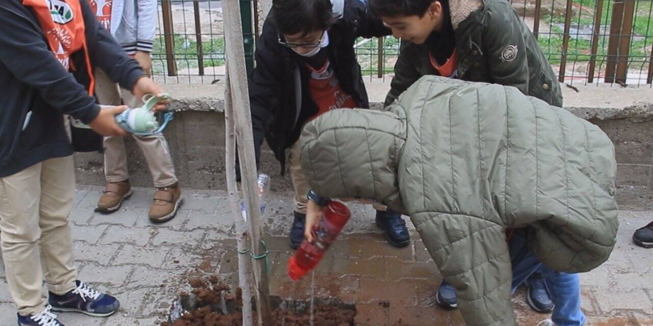 Fidanları toprakla buluşturan çocuklar, can suyunu suluklarıyla verdi