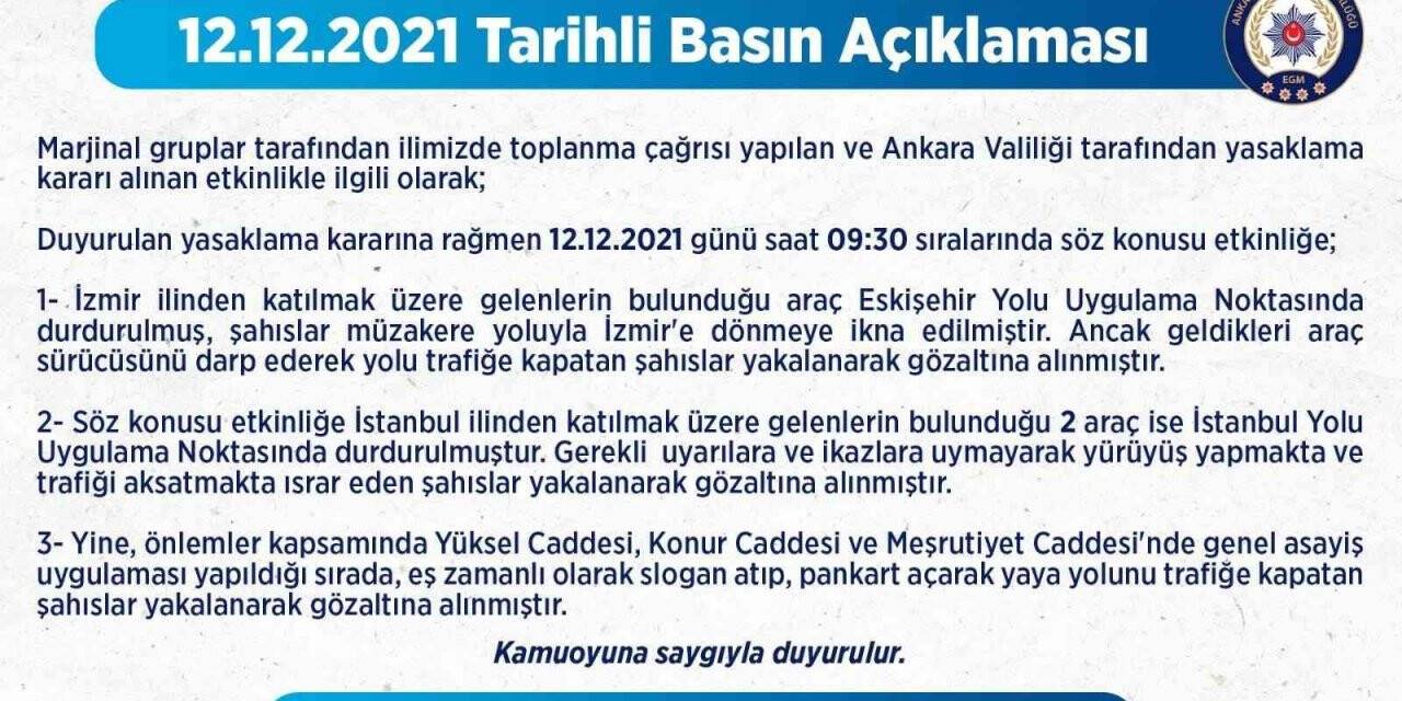 Ankara Emniyet Müdürlüğü’nden izinsiz gösteri yapmak isteyen kişiler hakkında açıklama