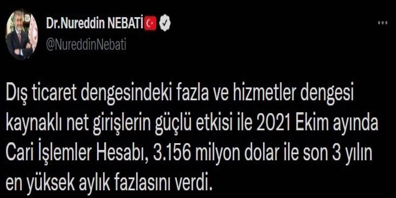 Bakan Nebati: “Cari işlemler açığı Ekim’de 3 milyar 156 milyon dolar ile son 3 yılın en yüksek aylık fazlasını verdi”