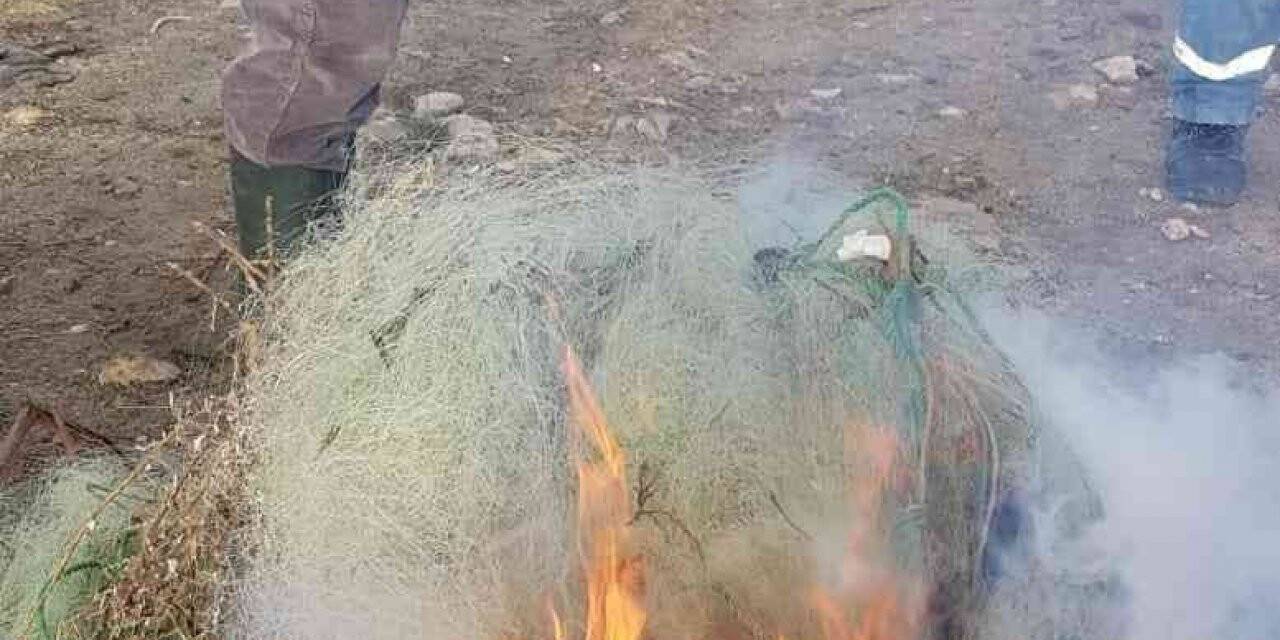 Kaçak avcıların ağları yakılarak imha edildi