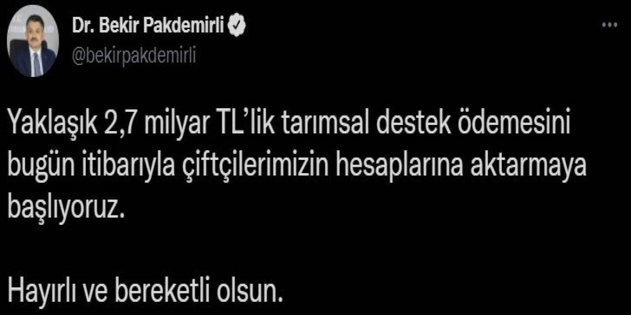 Bakan Pakdemirli: “2,7 milyar liralık tarımsal destek ödemesini çiftçilerimizin hesaplarına aktarmaya başlıyoruz”