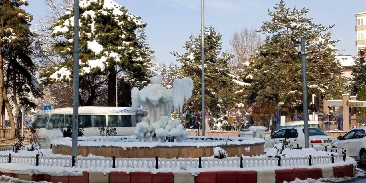 Afyonkarahisar’ın simgelerinden flamingo heykellerinin buzla kaplı hale görsel şölen oluşturdu