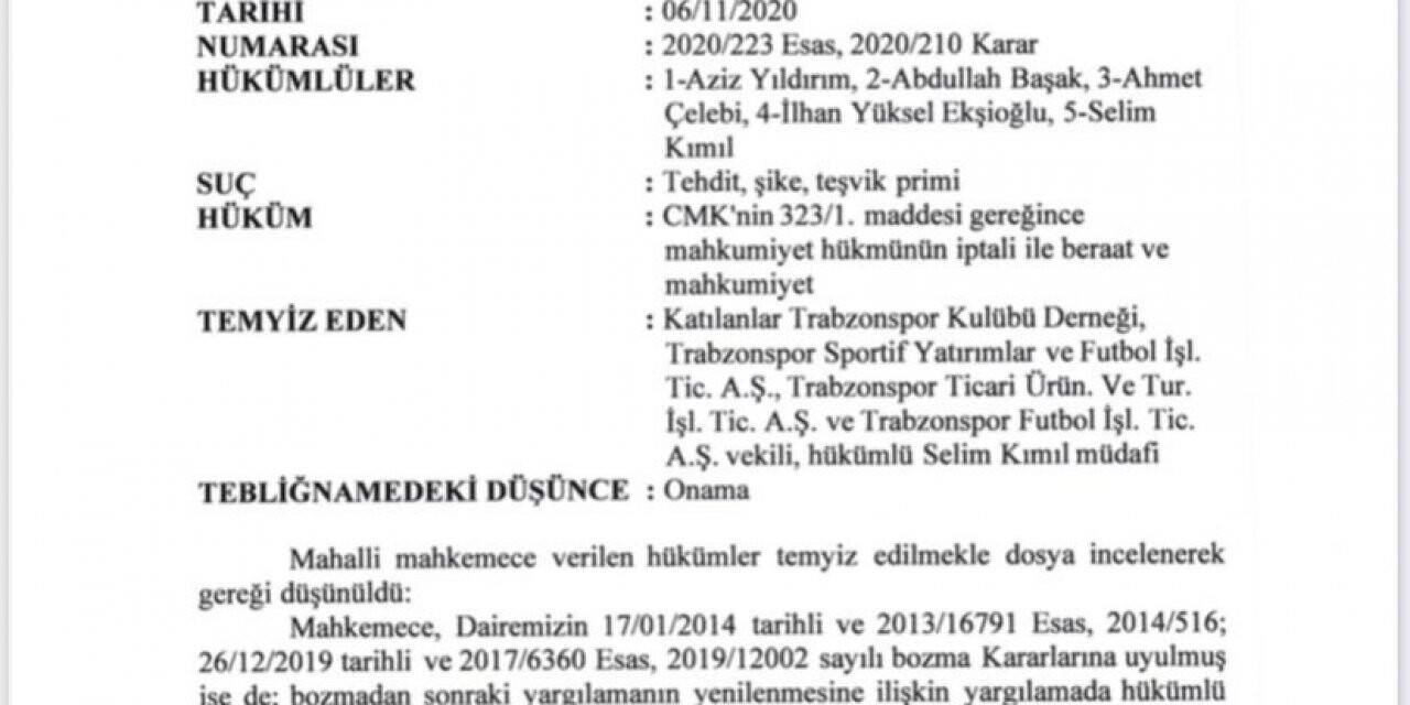 Aziz Yıldırım ve yöneticilerin beraat kararı onandı