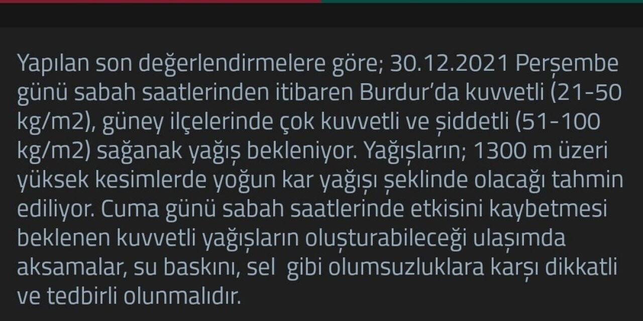 Burdur’da kuvvetli yağış uyarısı