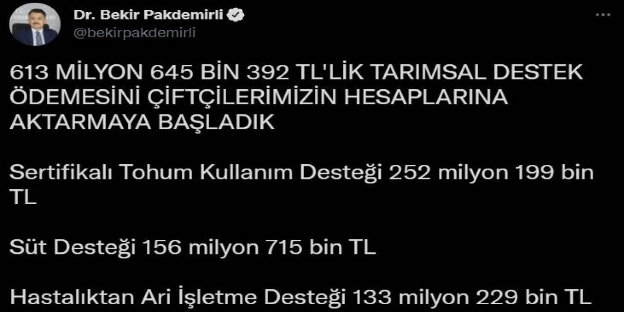 613 milyon liralık destek ödemesi çiftçilerin hesaplarına aktarılmaya başlandı