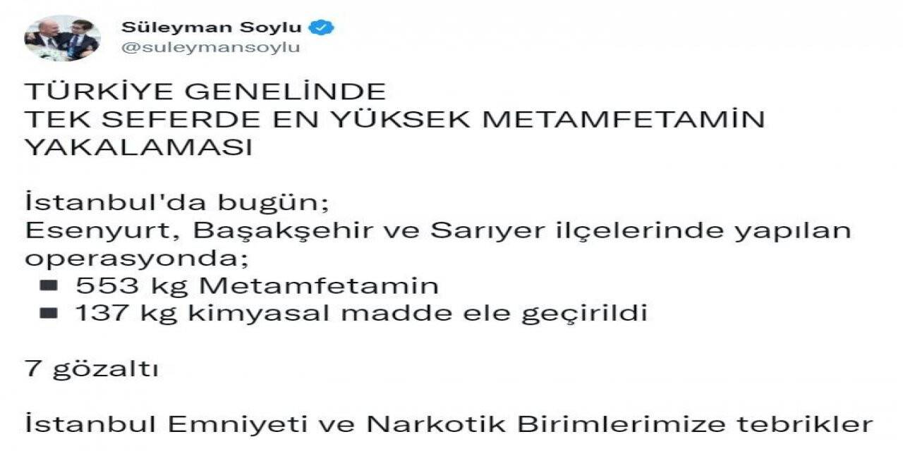 Bakan Soylu, tek seferde en yüksek metamfetaminin yakalandığını duyurdu