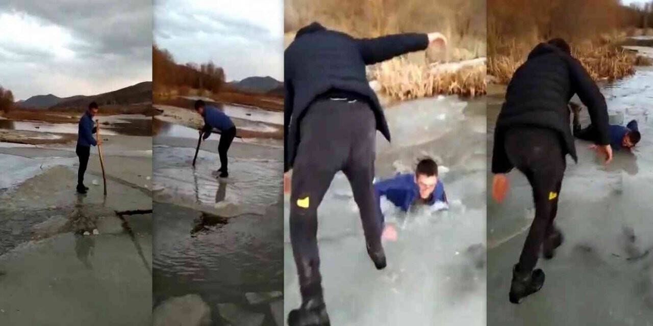 Nehirde buz kütlesini sal olarak kullanan gençlerden suya düşen boğulma tehlikesi atlattı