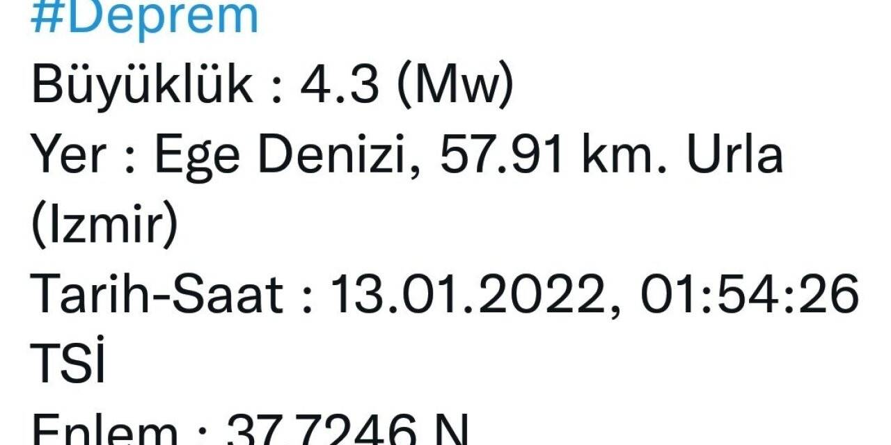 İzmir açıklarında 4.3 büyüklüğünde deprem