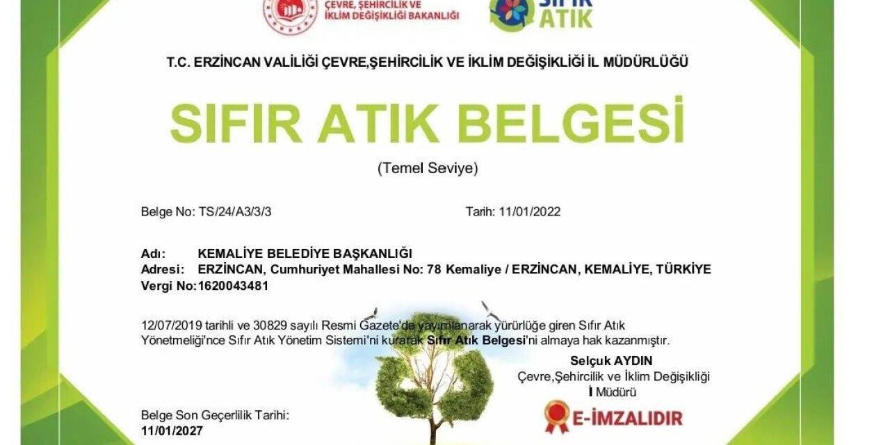 Kemaliye Belediyesine Sıfır Atık Belgesi