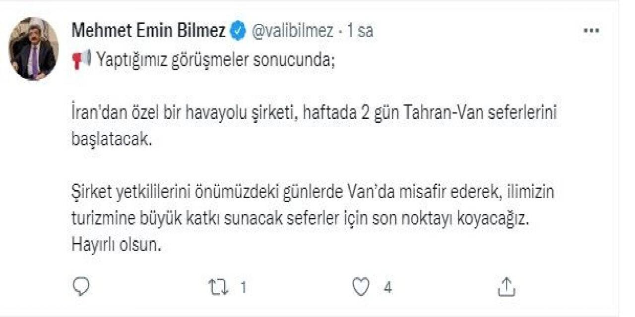 Vali Bilmez’den Van-Tahran uçak seferi girişimi