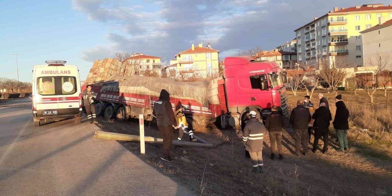 Ankara’da lastikleri patlayan tır ağaç ve elektrik direğini devirdi