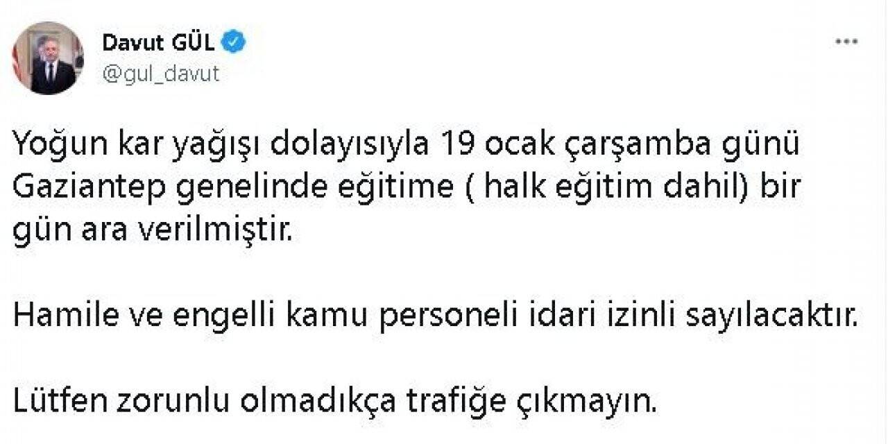 Gaziantep’te eğitime 1 gün daha ara verildi