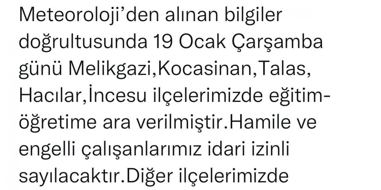 Kayseri’de 5 ilçede eğitime kar engeli