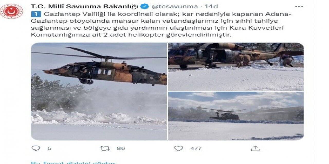 Otoyolda mahsur kalanlar için 2 helikopter tahsis edildi