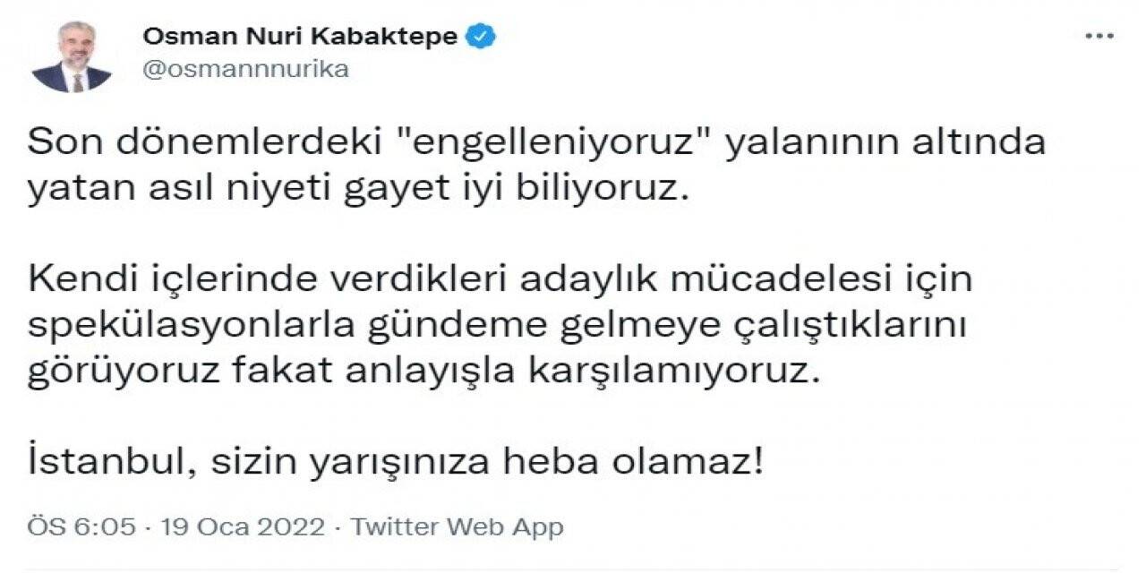 AK Parti İl Başkanı Kabaktepe’den İmamoğlu’na cevap: "En iyi bildiği iş engelleniyoruz bahanesi"
