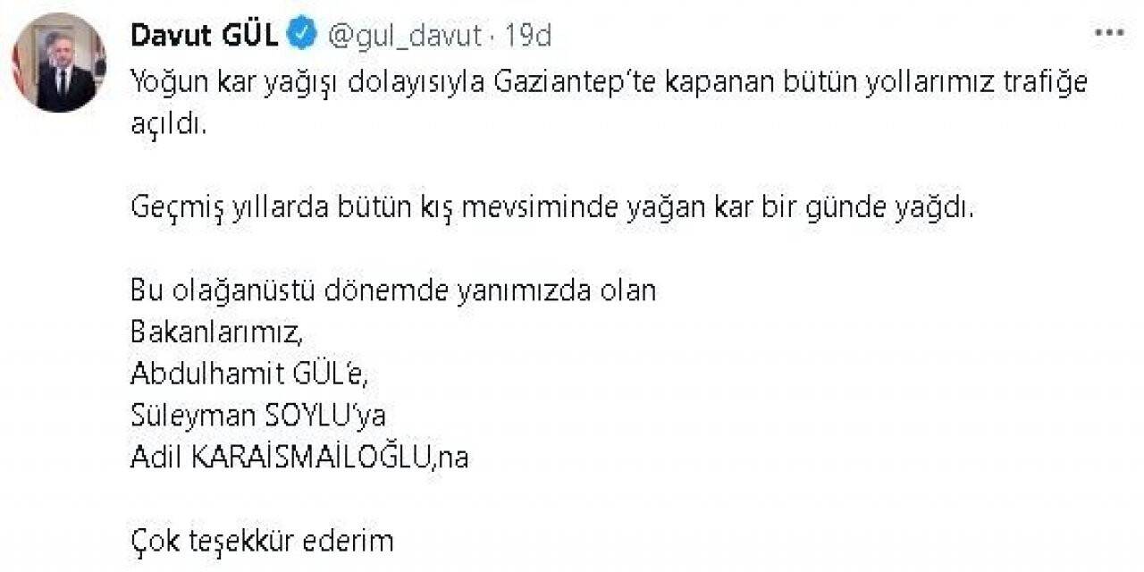 Gaziantep’te kapanan tüm yollar trafiğe açıldı