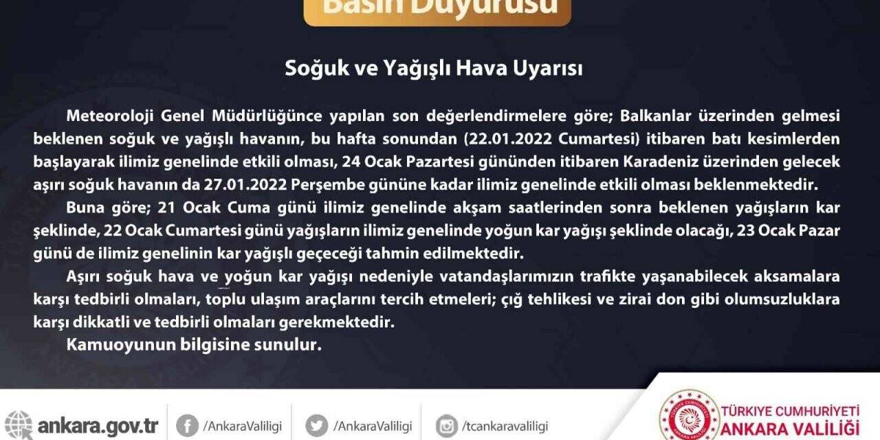 Ankara Valiliğinden soğuk ve yağışlı hava uyarısı