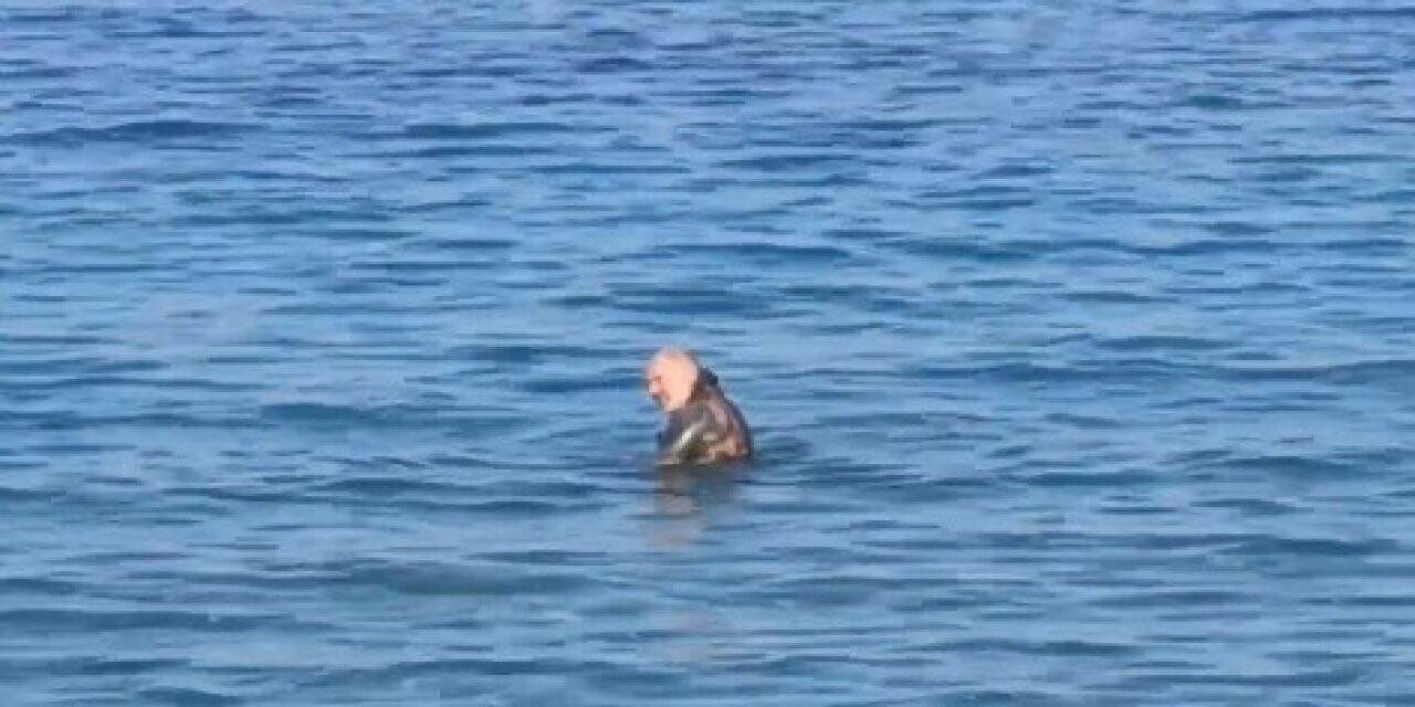 Dondurucu soğukta denize girdi