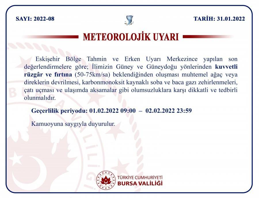 Bursa Valiliği’nden fırtına uyarısı